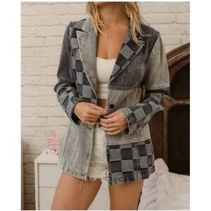 BiBi Checkered Jean Jacket - Black and Gray